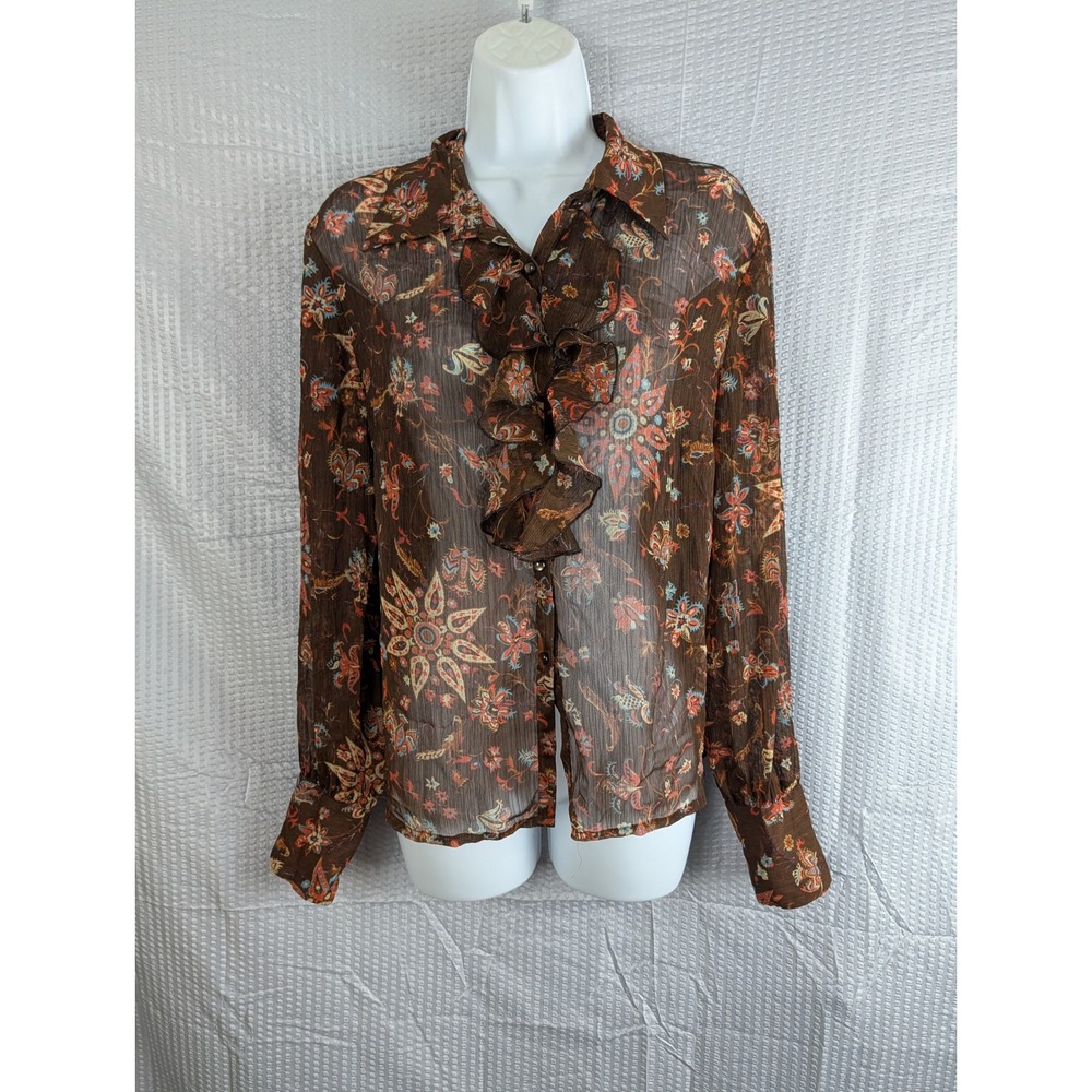 Bob Mackie Studio Brown Paisley Floral Sheer Ruffle Blouse Womens 10 Long Sleeve
